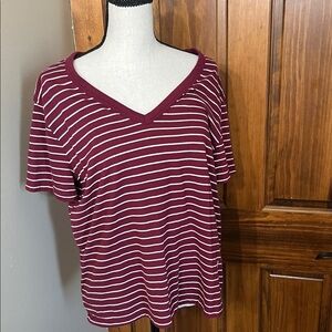 Arizona Jean Company Burgundy and White Striped V-Neck Tee